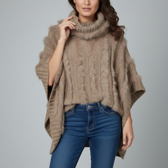 Dolce Cabo Sweaters - Cozy Tan Cable Knit Poncho